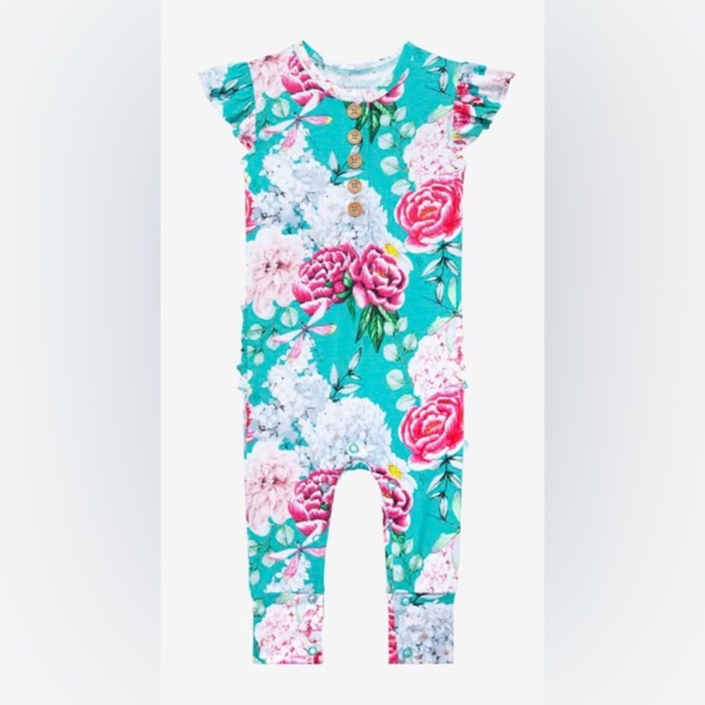 Posh Peanut Eloise Ruffled Capsleeve Henley Romper Size 12-18 Months - Picture 2 of 7